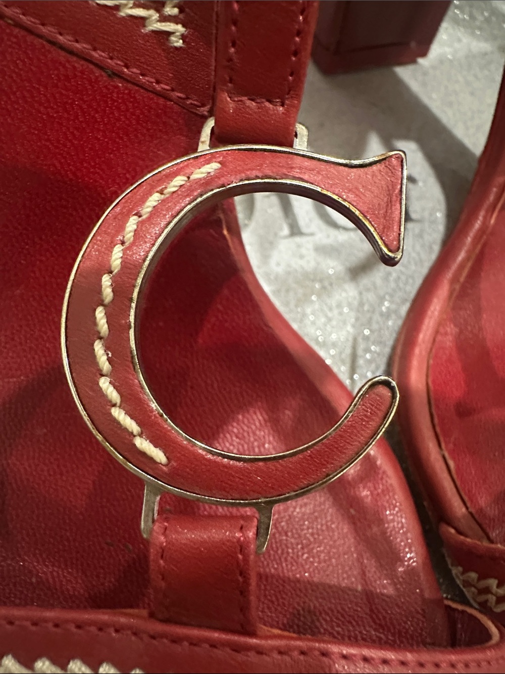 RARE DIOR C D logo Red T-Strap Block Heel dress shoes with white stitching 4’ - Picture 13 of 14